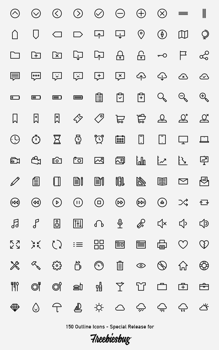 150 outlined icons - PSD AI SVG Webfont detailed view